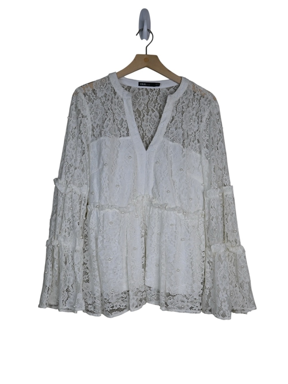INA Women's M White Lace Elegant Tiered Bell Sleeve Lace Pearl Blouse